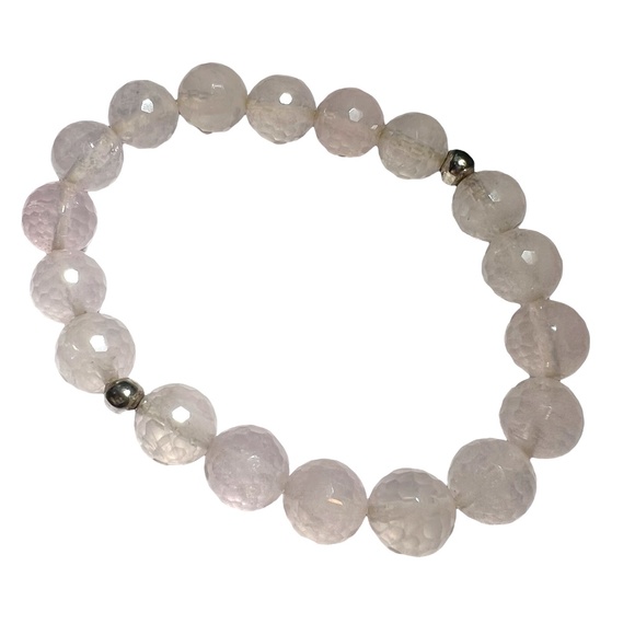 VINTAGE FACETED ROSE QUARTZ 10MM BEADS W SILVER TONE BEADS STRETCH BRACELET - Picture 6 of 8